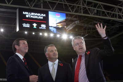 05.11.10. Millennium Stadium, new screens... L-r Roger Lewis WRU Chief Executive, Phil Smith CEO Cisco UK, First Minister Carwyn Jones AM with the new screens at the Millennium Stadium. 