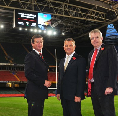 05.11.10. Millennium Stadium, new screens... L-r Roger Lewis WRU Chief Executive, Phil Smith CEO Cisco UK, First Minister Carwyn Jones AM with the new screens at the Millennium Stadium. 