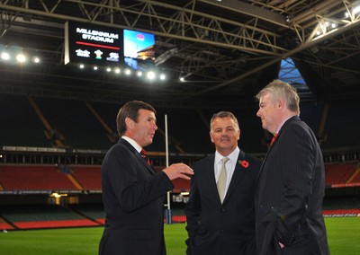 05.11.10. Millennium Stadium, new screens... L-r Roger Lewis WRU Chief Executive, Phil Smith CEO Cisco UK, First Minister Carwyn Jones AM with the new screens at the Millennium Stadium. 