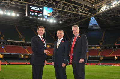 05.11.10. Millennium Stadium, new screens... L-r Roger Lewis WRU Chief Executive, Phil Smith CEO Cisco UK, First Minister Carwyn Jones AM with the new screens at the Millennium Stadium. 