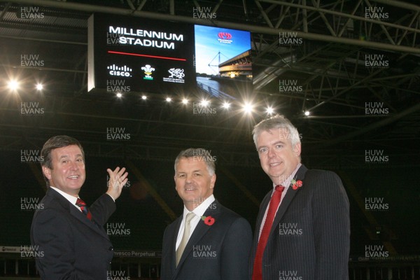 05.11.10. Millennium Stadium, new screens... L-r Roger Lewis WRU Chief Executive, Phil Smith CEO Cisco UK, First Minister Carwyn Jones AM with the new screens at the Millennium Stadium. 