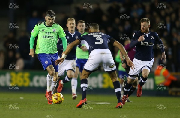 090218 - Millwall v Cardiff City - SkyBet Championship - Callum Paterson of Cardiff City is tackled by James Meredith of Millwall