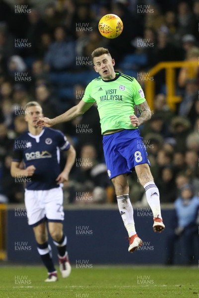 090218 - Millwall v Cardiff City - SkyBet Championship - Joe Ralls of Cardiff City goes up for the ball