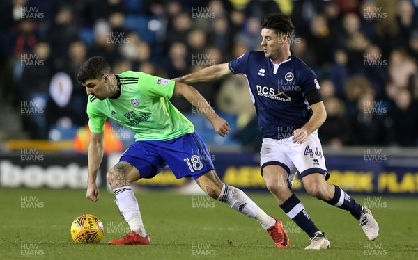 090218 - Millwall v Cardiff City - SkyBet Championship - Callum Paterson of Cardiff City is challenged by Ben Marshall of Millwall