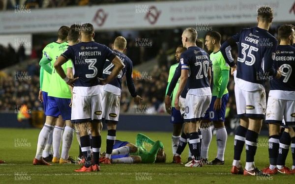 090218 - Millwall v Cardiff City - SkyBet Championship - Joe Bennett of Cardiff City down injured after Souleymane Bamba goal is disallowed