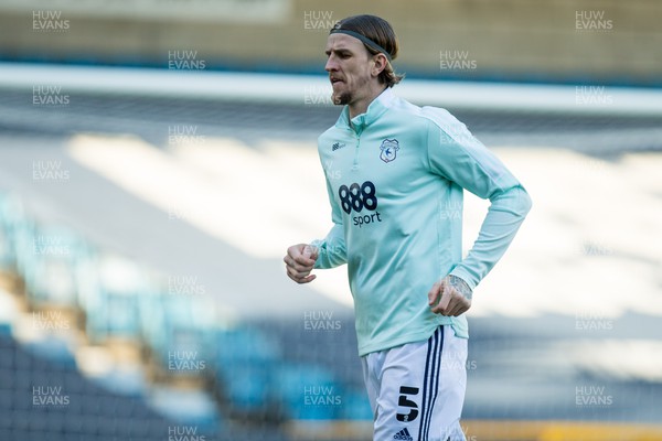 120222 - Millwall v Cardiff City - Sky Bet Championship - Aden Flint of Cardiff City warms up