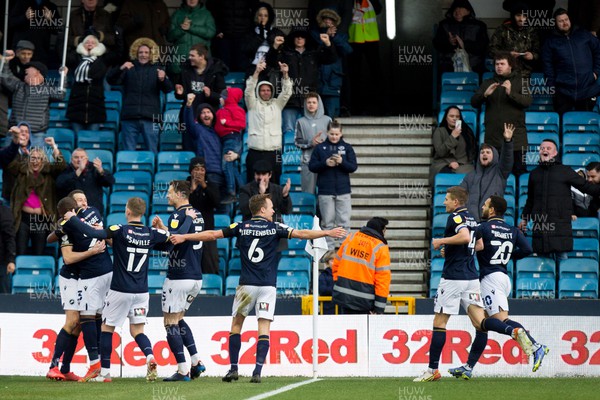 120222 - Millwall v Cardiff City - Sky Bet Championship - Millwall players celebrates after scoring