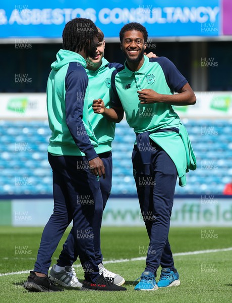 130424 - Millwall v Cardiff City - Sky Bet Championship - Raheem Conte of Cardiff City smiles and jokes with team mates before kick-off
