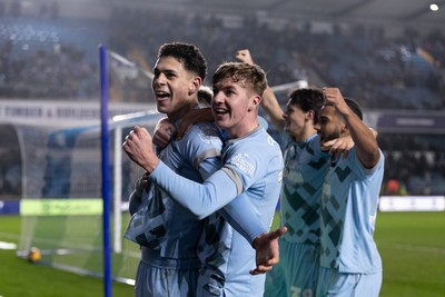 210125 - Millwall v Cardiff City - Sky Bet Championship - Yousef Salech of Cardiff City celebrates with his teammates after scoring his side’s second goal to make it 2 - 2