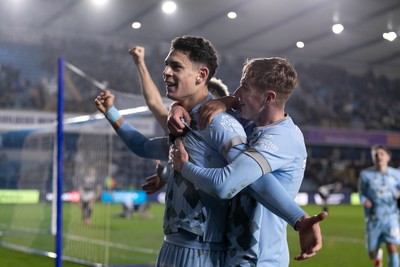 210125 - Millwall v Cardiff City - Sky Bet Championship - Yousef Salech of Cardiff City celebrates with his teammates after scoring his side’s second goal to make it 2 - 2