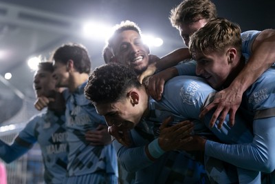 210125 - Millwall v Cardiff City - Sky Bet Championship - Yousef Salech of Cardiff City celebrates with his teammates after scoring his side’s second goal to make it 2 - 2