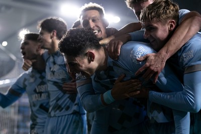 210125 - Millwall v Cardiff City - Sky Bet Championship - Yousef Salech of Cardiff City celebrates with his teammates after scoring his side’s second goal to make it 2 - 2