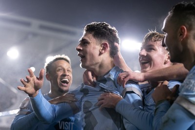 210125 - Millwall v Cardiff City - Sky Bet Championship - Yousef Salech of Cardiff City celebrates with his teammates after scoring his side’s second goal to make it 2 - 2