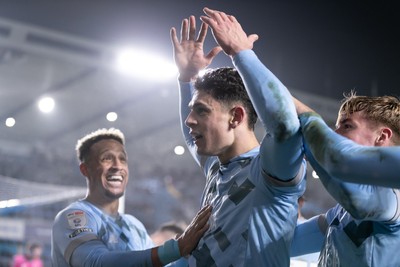 210125 - Millwall v Cardiff City - Sky Bet Championship - Yousef Salech of Cardiff City celebrates with his teammates after scoring his side’s second goal to make it 2 - 2