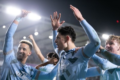 210125 - Millwall v Cardiff City - Sky Bet Championship - Yousef Salech of Cardiff City celebrates with his teammates after scoring his side’s second goal to make it 2 - 2