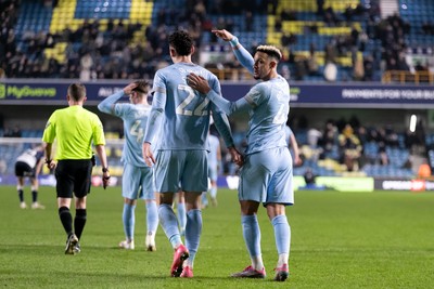 210125 - Millwall v Cardiff City - Sky Bet Championship - Yousef Salech of Cardiff City celebrates with his teammate Callum Robinson of Cardiff City after scoring his side’s second goal to make it 2 - 2