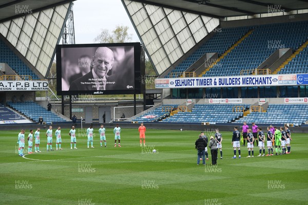 100421 - Millwall v Swansea City - Sky Bet Championship - Swansea City players observe a 2 minutes silence in memory of HRH Prince Philip, the Duke of Edinburgh