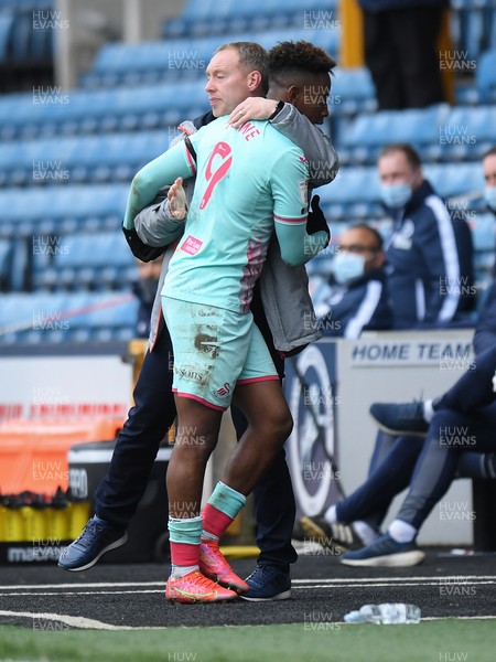 100421 - Millwall v Swansea City - Sky Bet Championship - Swansea City manager Steve Cooper with Jamal Lowe
