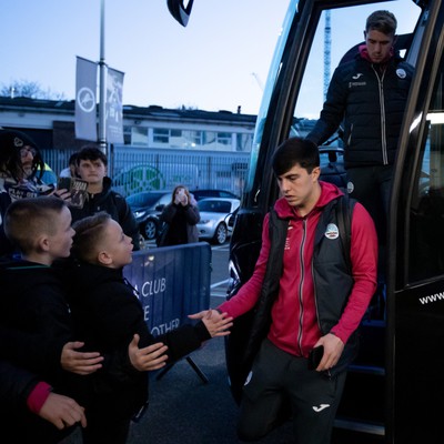 140323 - Millwall v Swansea City - Sky Bet Championship - Swansea City squad arrives at The Den