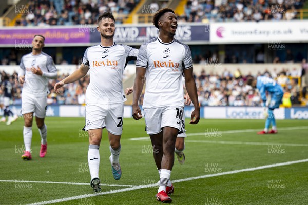 300923 - Millwall v Swansea City - Sky Bet Championship - Jamal Lowe of Swansea City celebrates scoring his sides first goal from the penalty spot