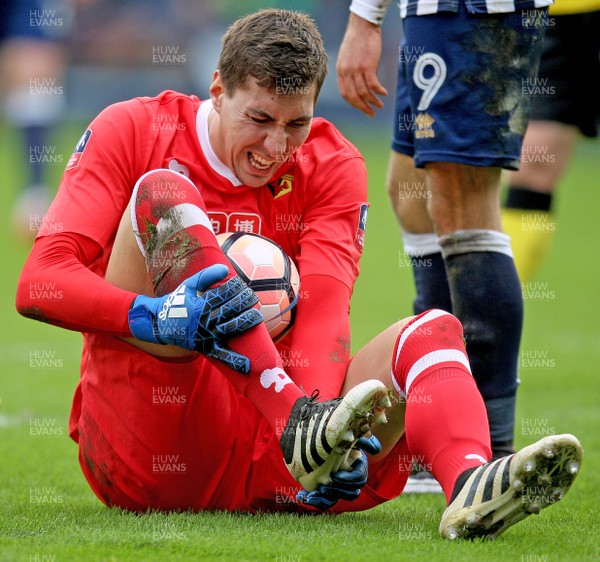 290117 - Millwal FC vs Watford FC -  Emirates vFA Cup 4th Round - Watford keeper Costel Pantilimon after a challenge from Lee Gregory