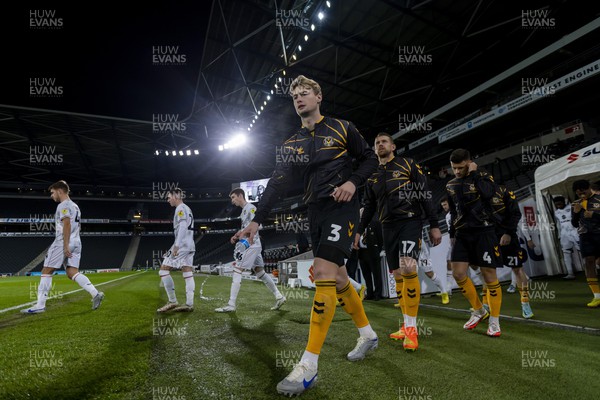221122 - Milton Keynes Dons v Newport County - Papa Johns Trophy - Declan Drysdale of Newport County enters the field before todays match against MK Dons 