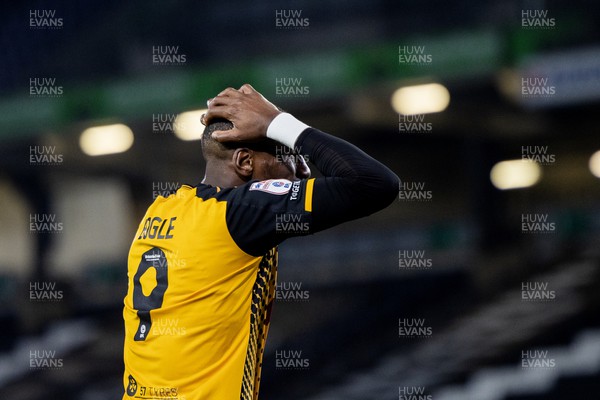 221122 - Milton Keynes Dons v Newport County - Papa Johns Trophy -  Omar Bogle of Newport County reacts after his missed goal scoring opportunity 