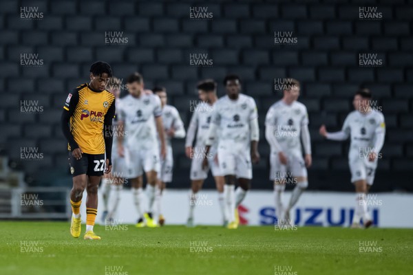 221122 - Milton Keynes Dons v Newport County - Papa Johns Trophy -  Nathan Moriah-Welsh of Newport County dejected after Darragh Burns of Milton Keynes Dons scores his sides first goal