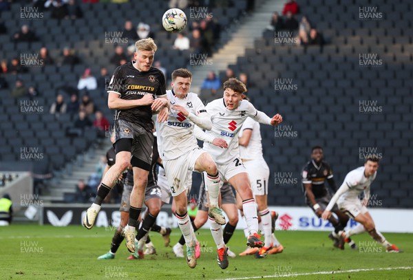240224 - MK Dons v Newport County, EFL Sky Bet League 2 - Will Evans of Newport County looks to head at goal