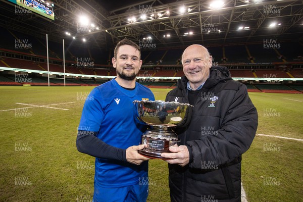 260324 - Monmouthshire County v Mid District - Inter District Trophy - Kirk Lewis of Monmouthshire County with WRU President Terry Cobner