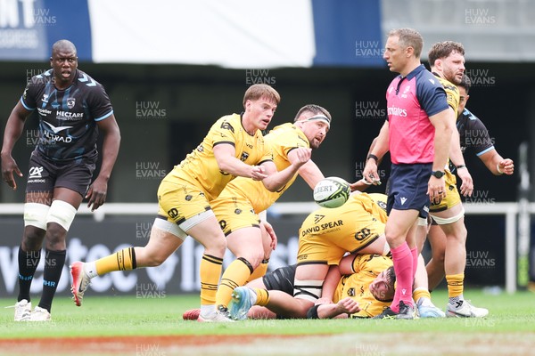 030526 - Montpellier Herault Rugby v Dragons RFC - EPCR Challenge Cup Semi Final - Jac Lloyd of Dragons passes