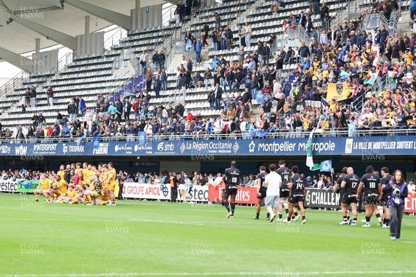 030526 - Montpellier Herault Rugby v Dragons RFC - EPCR Challenge Cup Semi Final - Dragons have a team picture taken in front of travelling fans after the match