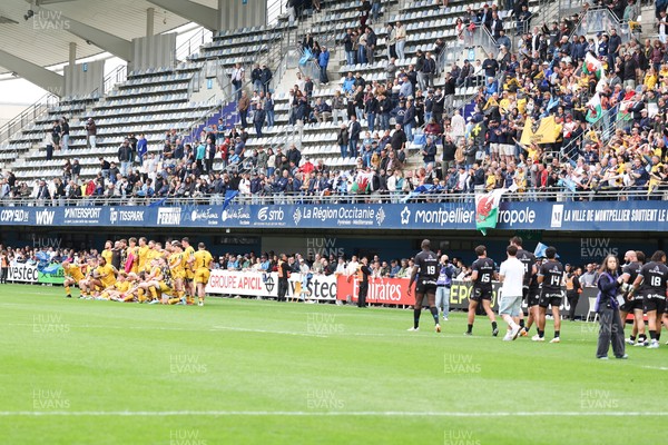030526 - Montpellier Herault Rugby v Dragons RFC - EPCR Challenge Cup Semi Final - Dragons have a team picture taken in front of travelling fans after the match