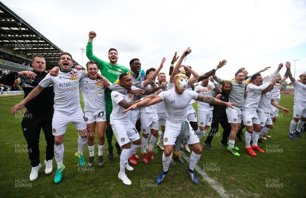 040519 - Morecambe v Newport County, Sky Bet League 2 - Newport County team celebrate on hearing the news that they had made the Division 2 Play Offs