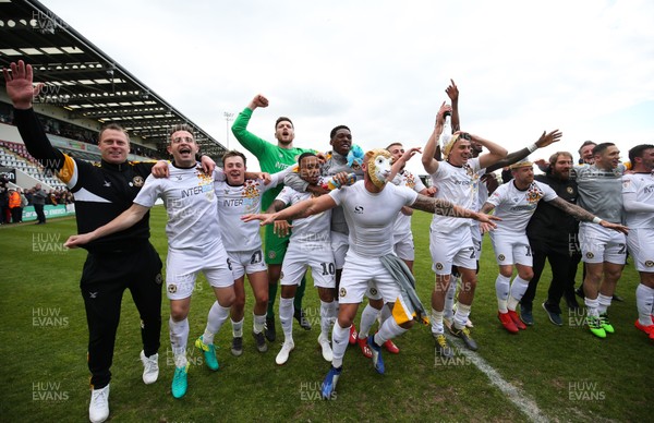 040519 - Morecambe v Newport County, Sky Bet League 2 - Newport County team celebrate on hearing the news that they had made the Division 2 Play Offs