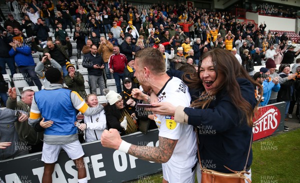 040519 - Morecambe v Newport County, Sky Bet League 2 - Newport County players celebrate with fans after taking the final Division 2 Play Off place