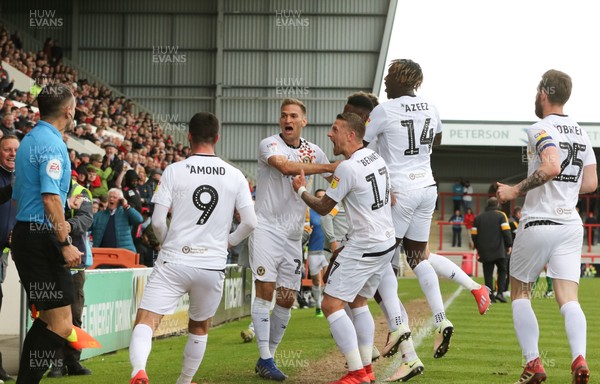 040519 - Morecambe v Newport County, Sky Bet League 2 - Newport County players celebrate after Jamille Matt scores the goal that gives them the final Division 2 Play Off spot