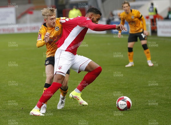 061121 - Morecambe v Newport County - FA Cup First Round - Jonah Ayunga of Morecambe FC and Jake Cain of Newport County