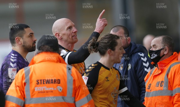 130321 - Morecambe v Newport County - Sky Bet League 2 - Kevin Ellison of Newport County points to the press box as the players leave the pitch at the end of the match