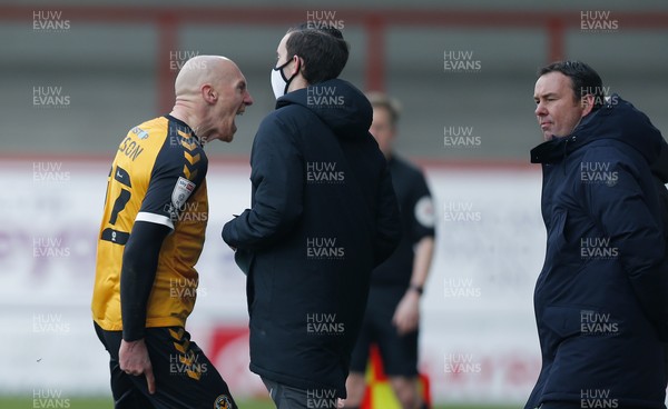 130321 - Morecambe v Newport County - Sky Bet League 2 - Kevin Ellison of Newport County shouts at his old manager [Manager Derek Adams of Morecambe FC] after he scores the 3rd goal