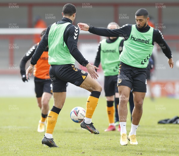 130321 - Morecambe v Newport County - Sky Bet League 2 - Priestley Farquharson of Newport County and Joss Labadie of Newport County in warm up