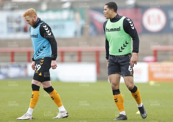 130321 - Morecambe v Newport County - Sky Bet League 2 - Priestley Farquharson of Newport County and Ryan Taylor of Newport County in pre match warm up