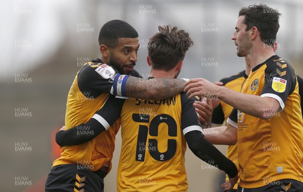 130321 - Morecambe v Newport County - Sky Bet League 2 - Josh Sheehan of Newport County celebrates scoring 2nd team goal with Joss Labadie of Newport County and Padraig Amond of Newport County