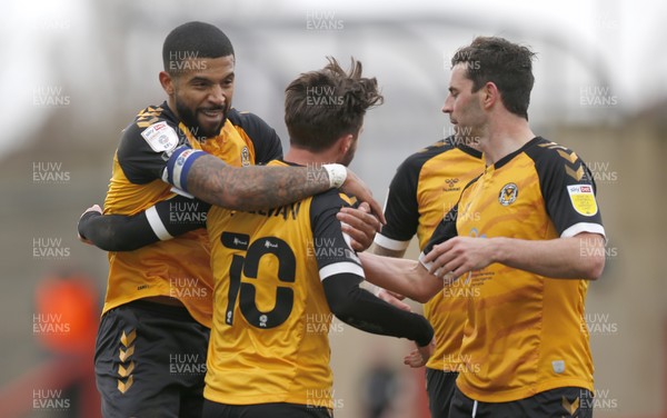130321 - Morecambe v Newport County - Sky Bet League 2 - Josh Sheehan of Newport County celebrates scoring 2nd team goal with Joss Labadie of Newport County and Padraig Amond of Newport County