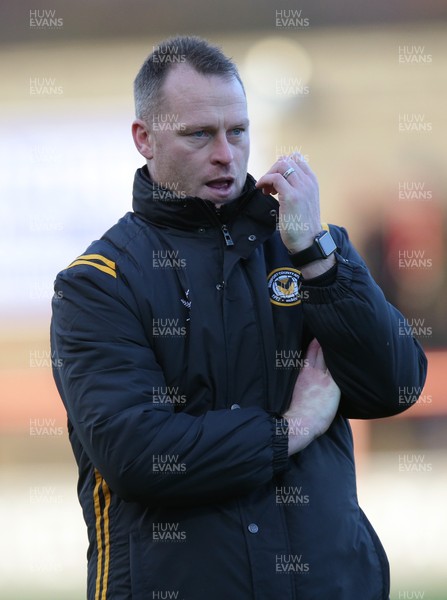 211219 - Morecambe v Newport County - Sky Bet League 2 -  Manager Mike Flynn of Newport County watches the warm up 