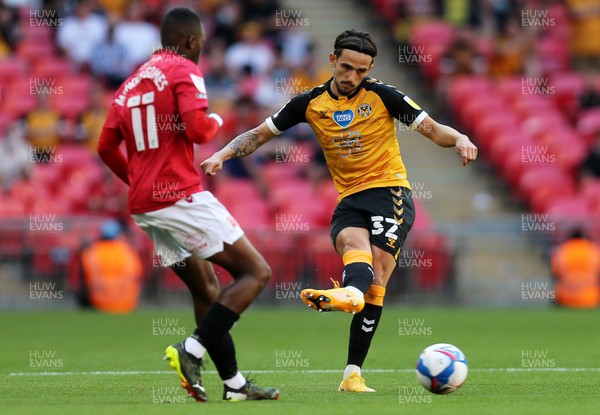 310521 - Morecambe v Newport County, SkyBet League 2 Play Off Final - Liam Shephard of Newport County is challenged by Carlos Mendes Gomes of Morecambe