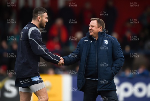 050419 - Munster v Cardiff Blues - Guinness PRO14 -  Cardiff Blues head coach John Mulvihill exchanges a handshake with Aled Summerhill 