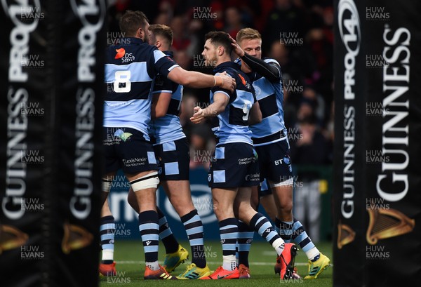 050419 - Munster v Cardiff Blues - Guinness PRO14 -  Tomos Williams of Cardiff Blues is congratulated by team mates after scoring his side's first try 