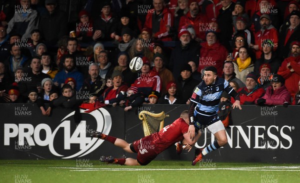 050419 - Munster v Cardiff Blues - Guinness PRO14 -  Aled Summerhill of Cardiff Blues is tackled by Andrew Conway of Munster