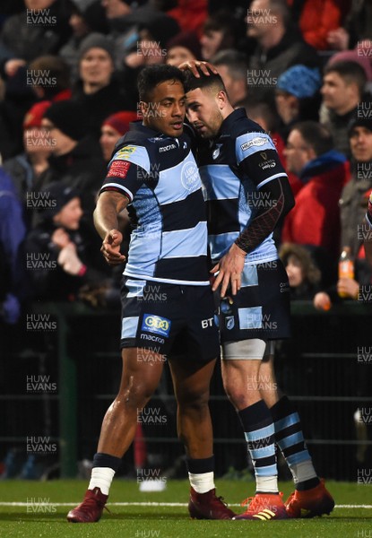 050419 - Munster v Cardiff Blues - Guinness PRO14 -  Aled Summerhill of Cardiff Blues, right, celebrates with team-mate Rey Lee-Lo after scoring his side's second try 